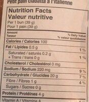 Petits Pain Ciabatta Nutrition Label