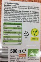 Lentilles Corail Bio Ingredients