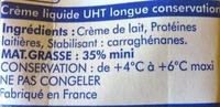 Crme Liquide UHT Pour Cuisiner Et Foissonner Ingredients