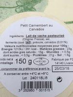 Pt Camembert Calvados Tradition De Normandie Lp 23%MG Ingredients