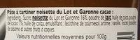 Pte  Tartiner - Noisette Cacao Ingredients