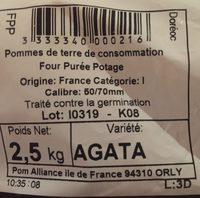 Pomme De Terre Pour Frite, Pure Et Potage, Varit  Milva,      Catgorie 1, Calibre 50/70mm Ingredients
