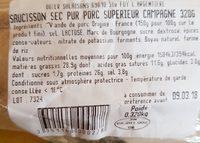 Saucisson Sec, Pur Porc Superieur Campagne, L'unite De Ingredients