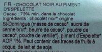 Chocolat Noir Bio Piment D'Espelette Ingredients