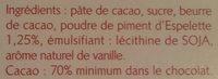 Chocolat Noir 70% Moment D'Espelette Ingredients