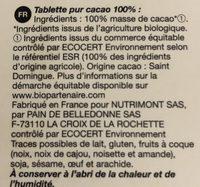 Chocolat Noir 100% Pur Cacao Bio & Quitable Ingredients