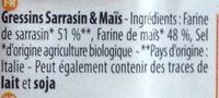 GRESSINS SARRASIN ET MAIS SANS GLUTEN Ingredients