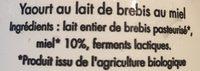 Yaourt Au Lait De Brebis Bio Miel Ingredients