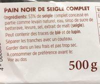 Pain Noir De Seigle Complet Ingredients