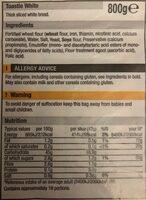 Toastie White Nutrition Label