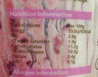 Summerberries Natural Live Yoghurt Nutrition Label