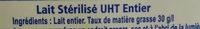 Lait UHT ENTIER Ingredients