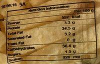 Tubini Nutrition Label