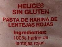 Hlices 100% Lentejas Rojas Ingredients