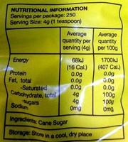 White Sugar Nutrition Label
